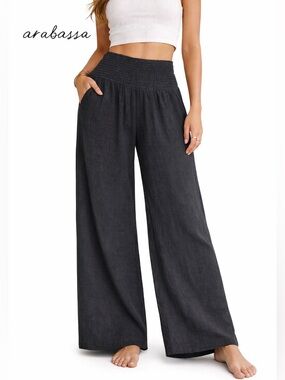 Arabassa Black Smocked High Rise Wide Leg Pants Size Small boho